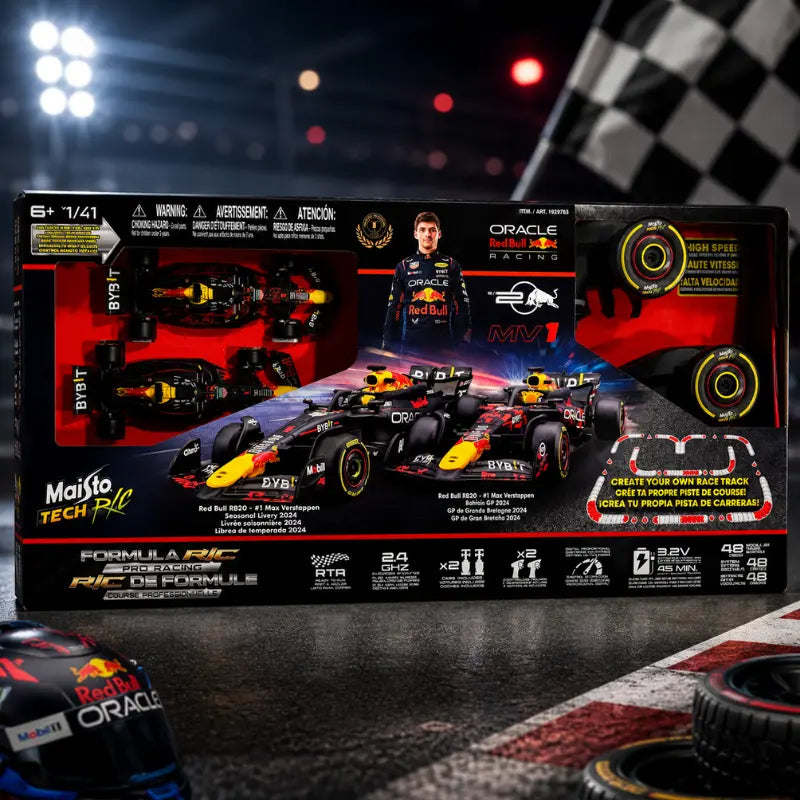 High-resolution front studio image of Maisto Tech R/C Formula 1 Oracle Red Bull RB20 1/41 scale track set packaging featuring Max Verstappen #1 cars