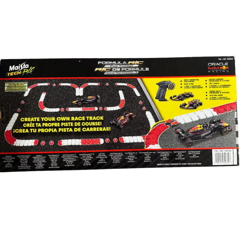Back of box showing 48-piece modular race track layout and controller features for Red Bull RB20 set