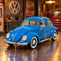 Thumbnail for Front three quarter view of blue Maisto Volkswagen Käfer Beetle 1955 1:18 diecast with chrome bumper