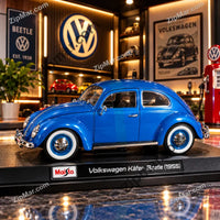 Thumbnail for Blue Maisto Volkswagen Käfer Beetle 1955 1:18 diecast on black display base with nameplate
