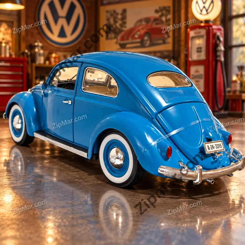Rear three quarter view of blue Maisto Volkswagen Käfer Beetle 1955 1:18 diecast with white wall tires