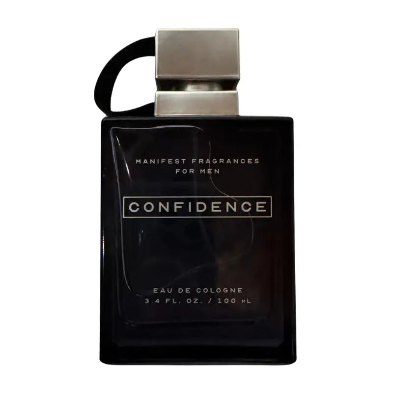 Minimalist black bottle of Manifest Confidence by Tru Fragrance for Men.