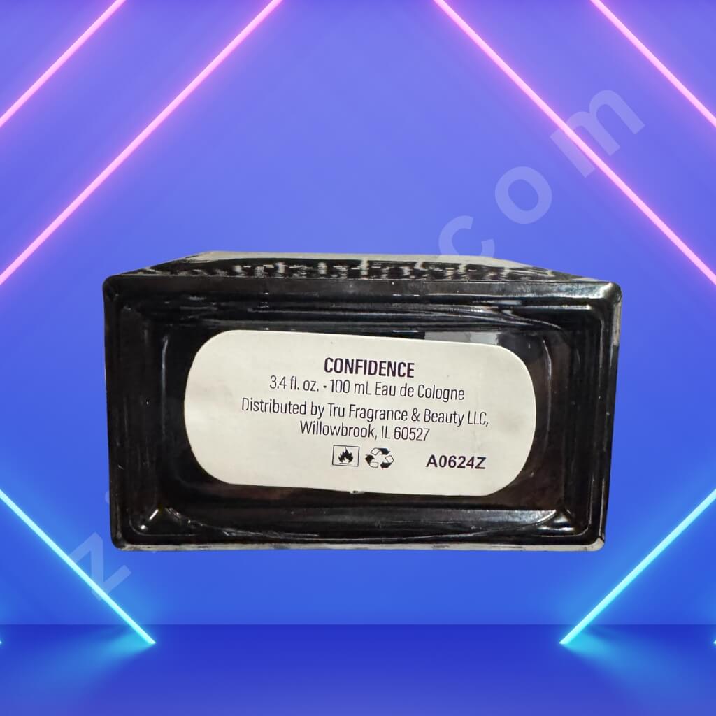 Fragrance bottle labeled 'Confidence' on a blue background with neon lights