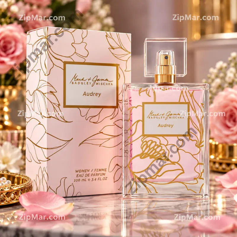 Mark and James Audrey eau de parfum 100 ml pink bottle with gold cap beside its box”