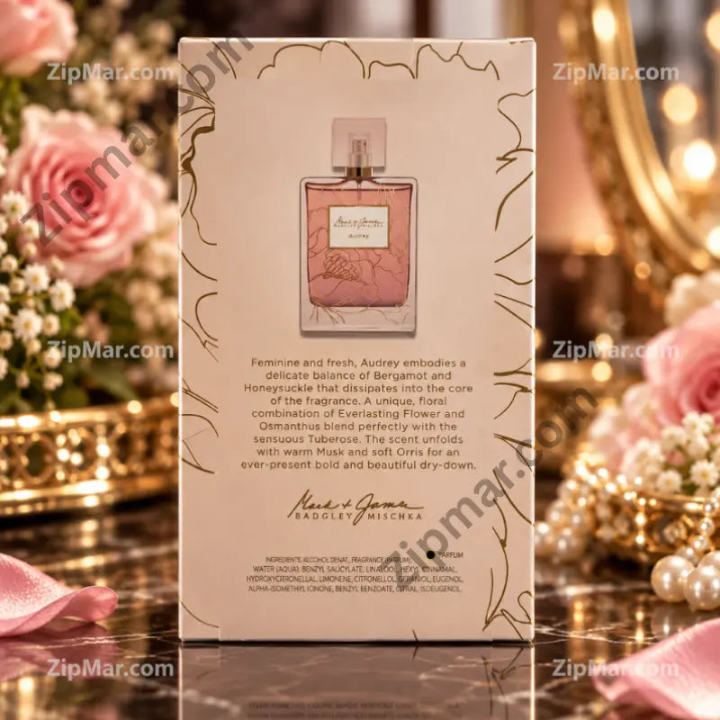 Mark and James Audrey eau de parfum box back with fragrance notes and ingredients”