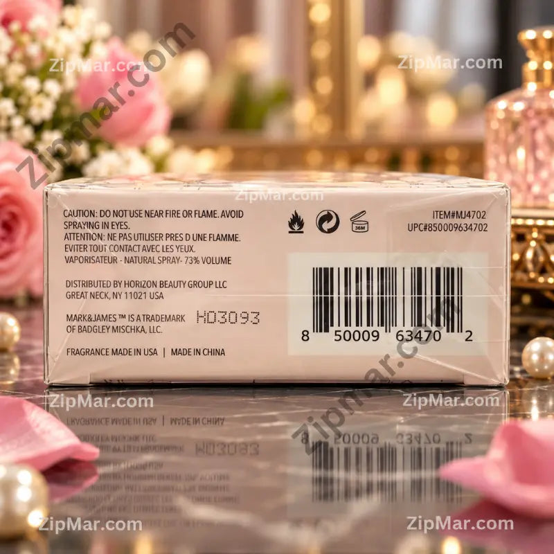 Mark and James Audrey eau de parfum box side panel with UPC barcode and distributor information”