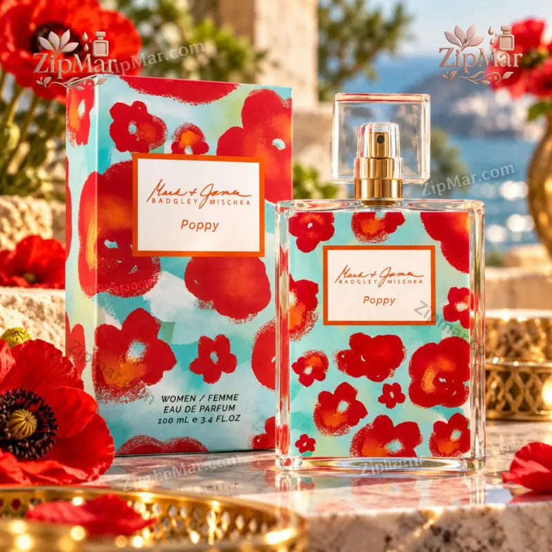 Mark and James by Badgley Mischka Poppy Eau de Parfum 3.4 fl oz 100 mL box and bottle with poppy print