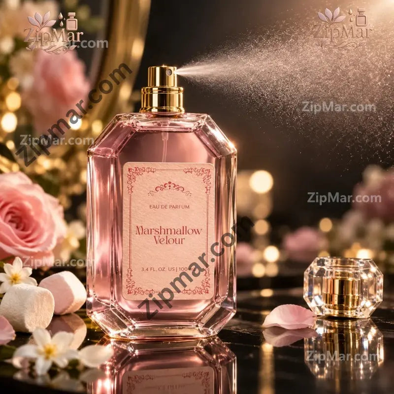 Marshmallow Velour eau de parfum 3.4 fl oz pink octagonal glass bottle with cream label and gold atomizer, spraying a fine mist beside the clear cap