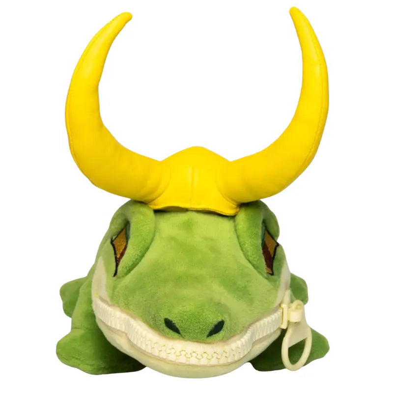 Marvel Loki Alligator Loki plush toy front face view with embroidered golden eyes and yellow vinyl horned helmet