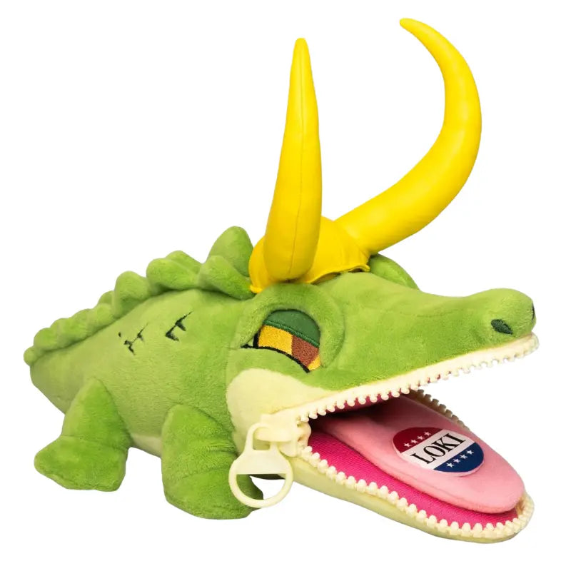 Marvel Loki Alligator Loki plush toy with zipper mouth open showing pink interior and Loki campaign button