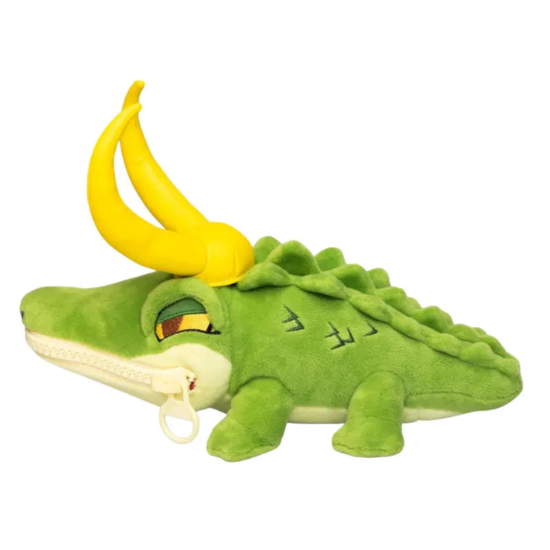 Marvel Loki Alligator Loki plush toy side view with yellow horned helmet and closed zipper mouth
