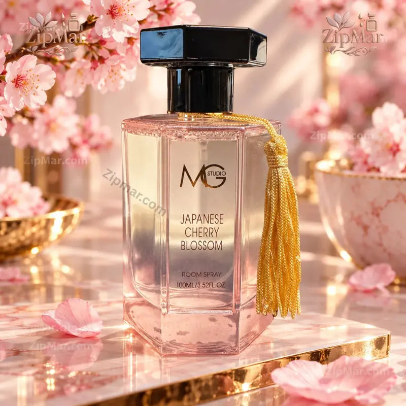 MG Studio Japanese Cherry Blossom Room Spray 100 mL 3.52 fl oz pink bottle with black cap and gold tassel