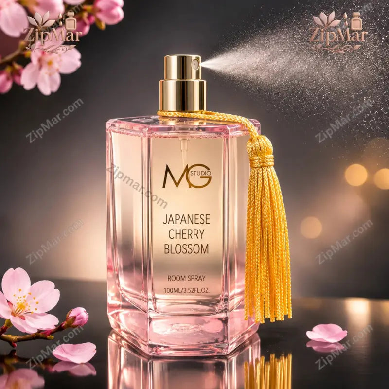 MG Studio Japanese Cherry Blossom Room Spray 100 mL 3.52 fl oz pink bottle with gold spray pump, gold tassel and mist