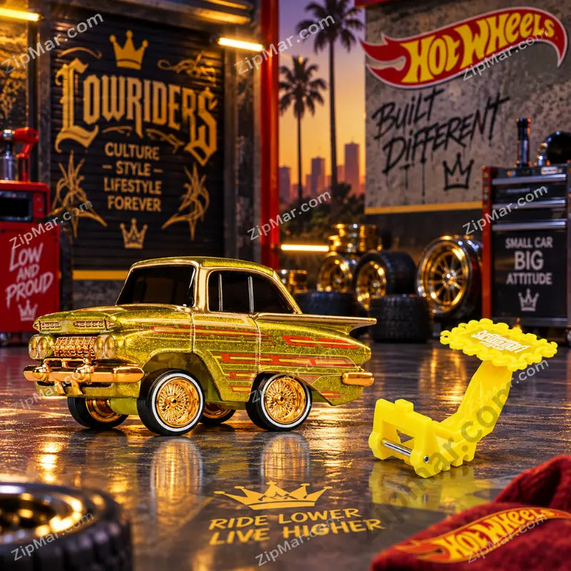 MGA Cartuned Lowriders 1959 Chevy Impala gold display view with hopper tool”