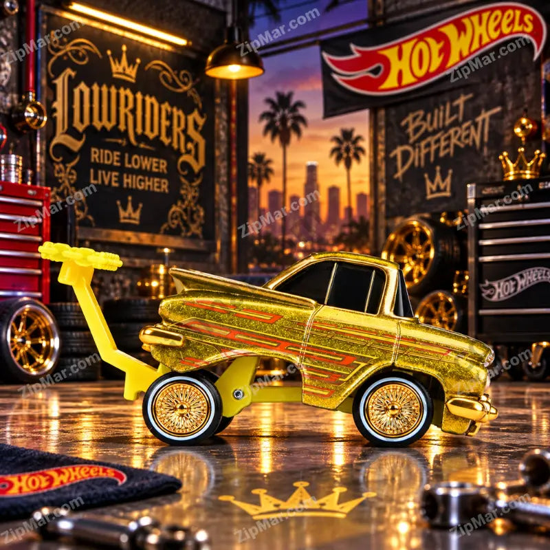 MGA Cartuned Lowriders 1959 Chevy Impala gold front angle with gold wire wheels”