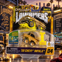 Thumbnail for MGA Cartuned Lowriders 1959 Chevy Impala gold side view with hopper arm”
