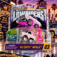 Thumbnail for MGA Cartuned Lowriders Series 3 1962 Chevy Impala 03 white and pink on card with hopper tool”