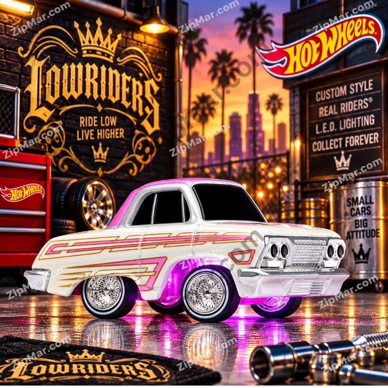 MGA Cartuned Lowriders 1962 Chevy Impala white and pink front angle with chrome wire wheels”