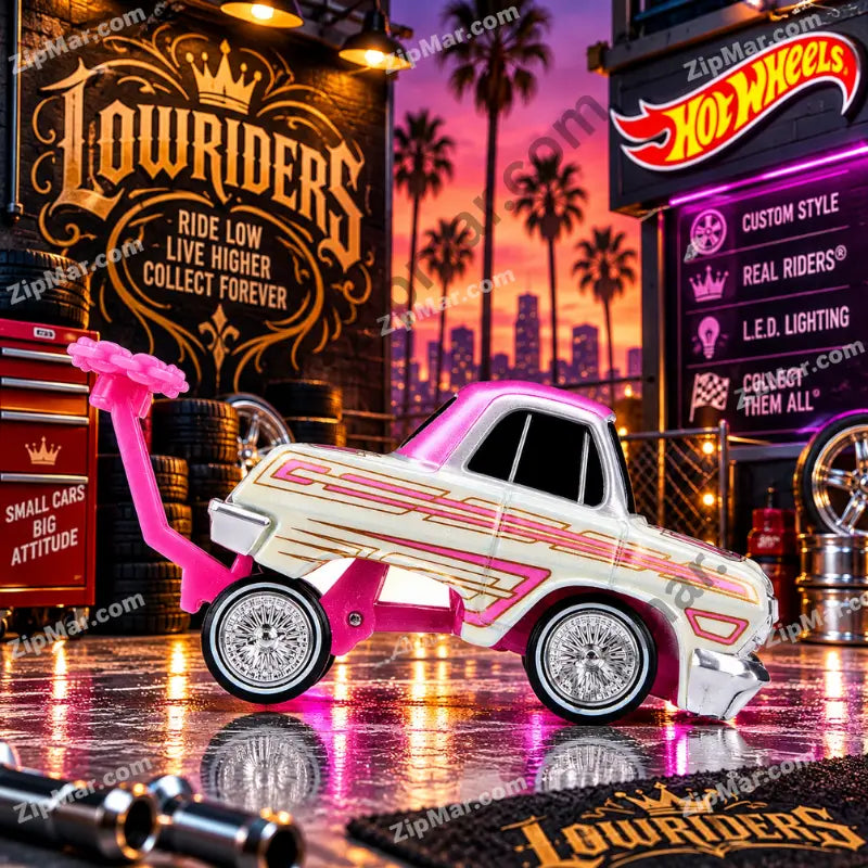 MGA Cartuned Lowriders 1962 Chevy Impala white and pink side view with hopper arm raised”
