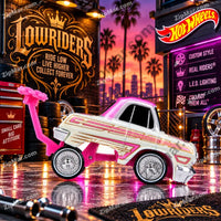 Thumbnail for MGA Cartuned Lowriders 1962 Chevy Impala white and pink side view with hopper arm raised”