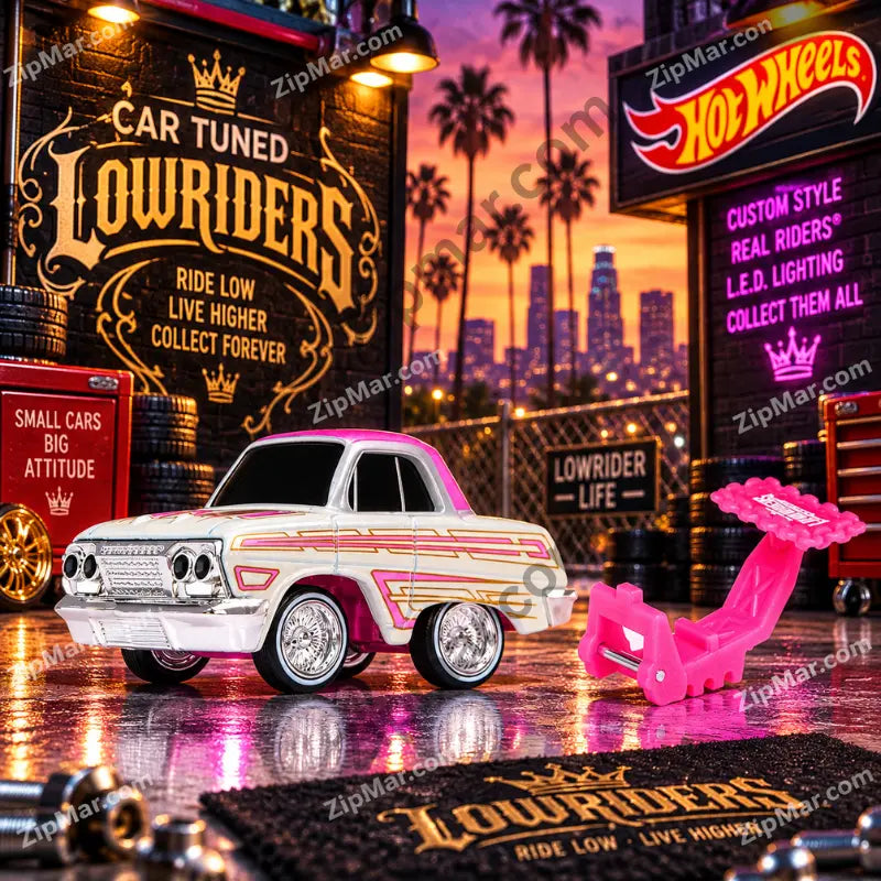 MGA Cartuned Lowriders 1962 Chevy Impala white and pink with pink hopper tool”
