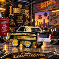 Thumbnail for MGA Cartuned Lowriders Series 3 1985 Cadillac Fleetwood Coupe 05 black and gold on card with hopper tool”