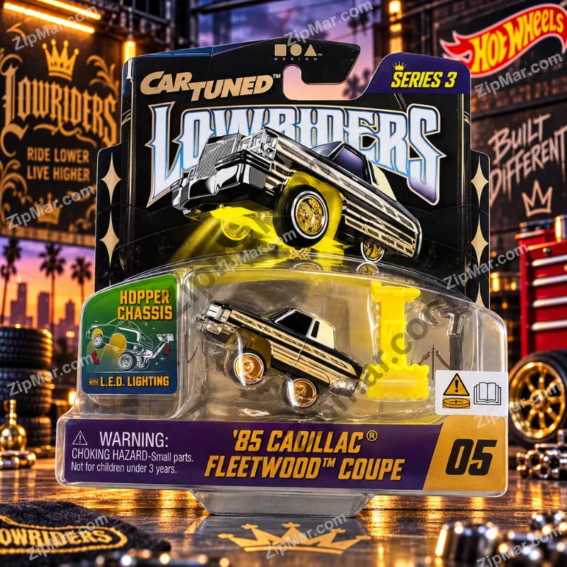 MGA Cartuned Lowriders 1985 Cadillac Fleetwood Coupe rear side view with gold flame graphics”