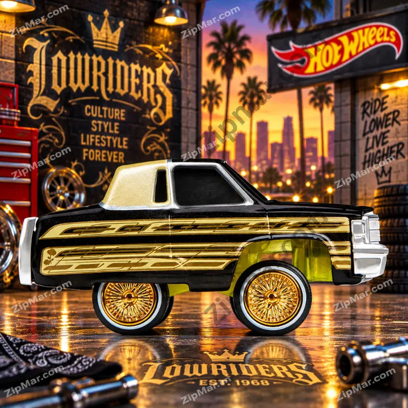 MGA Cartuned Lowriders 1985 Cadillac Fleetwood Coupe side profile with gold wire wheels”