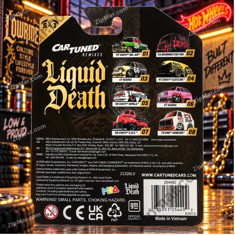 MGA Cartuned Remixes Liquid Death 1947 Chevy Fleetline card back with series lineup and barcode”