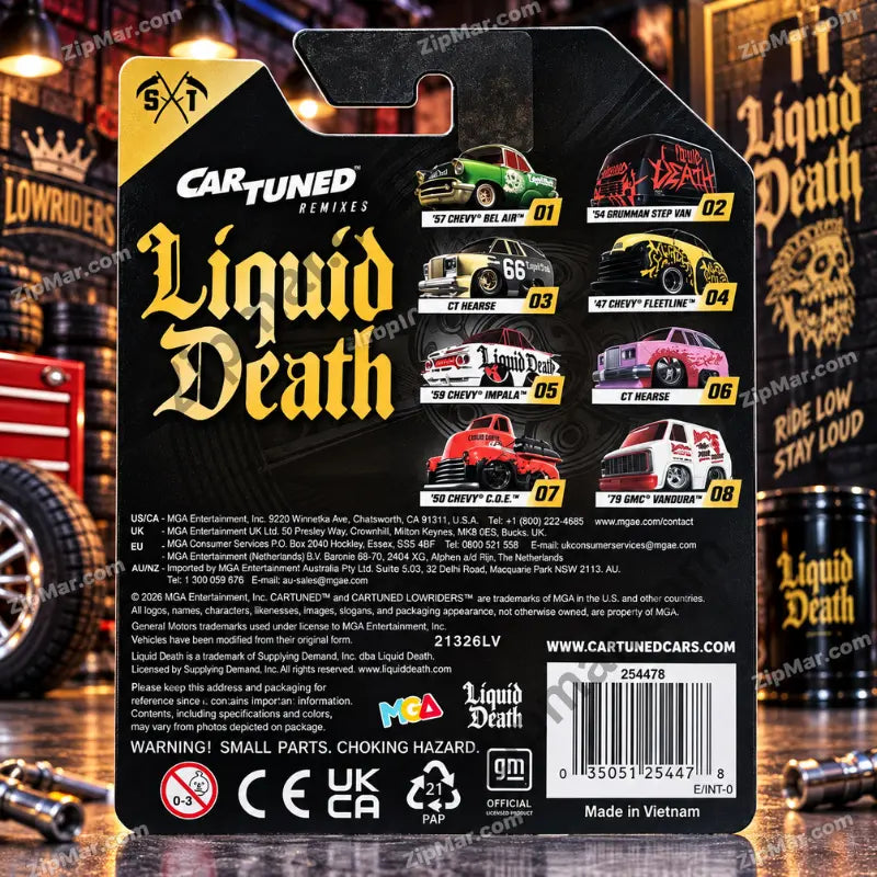 MGA Cartuned Remixes Liquid Death 1954 Grumman Step Van card back with series lineup and barcode”