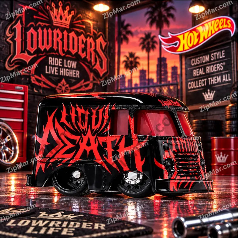 MGA Cartuned Remixes Liquid Death 1954 Grumman Step Van rear side view with red lettering”