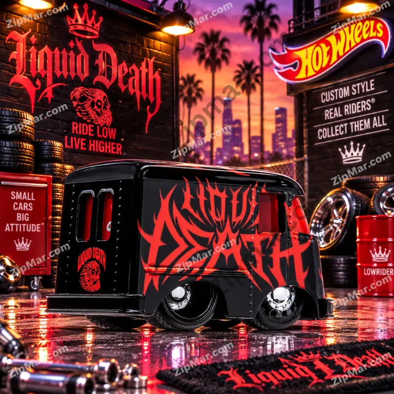 MGA Cartuned Remixes Liquid Death 1954 Grumman Step Van side profile with custom red graphics”