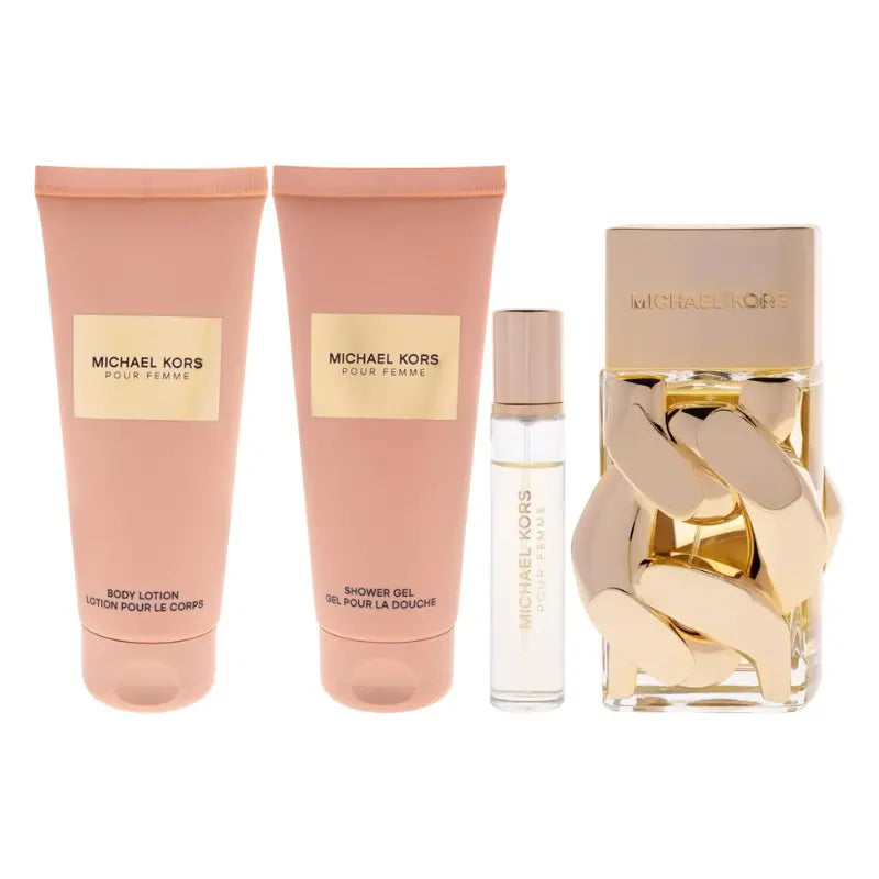Michael Kors Pour Femme 4-piece gift set showing 100ml EDP bottle with chain-link design, travel spray, body lotion and shower gel in blush pink