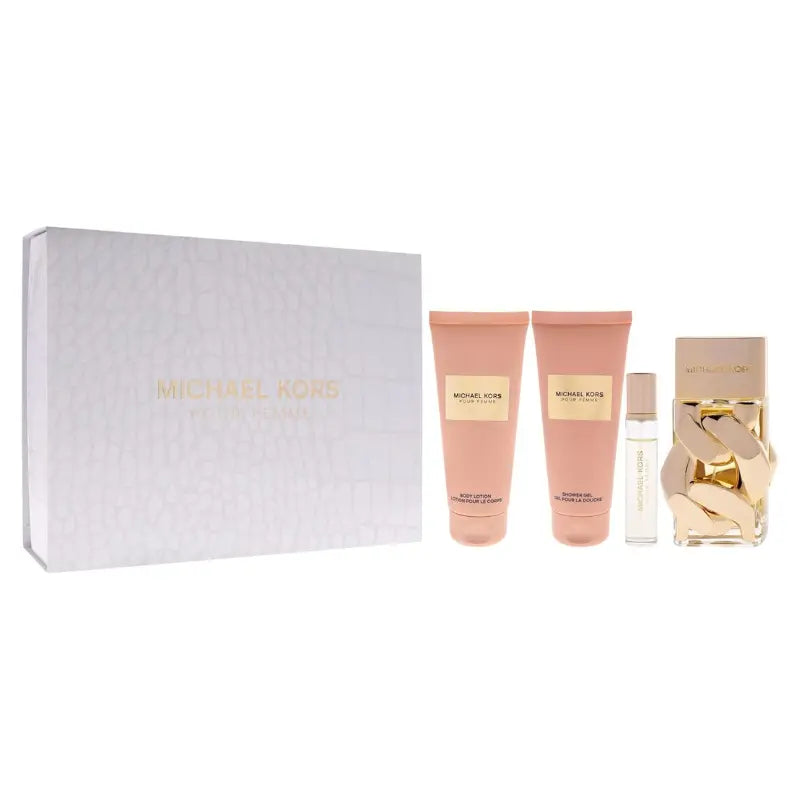 Full Michael Kors Pour Femme 4-piece gift set with white crocodile embossed gift box and all four products displayed