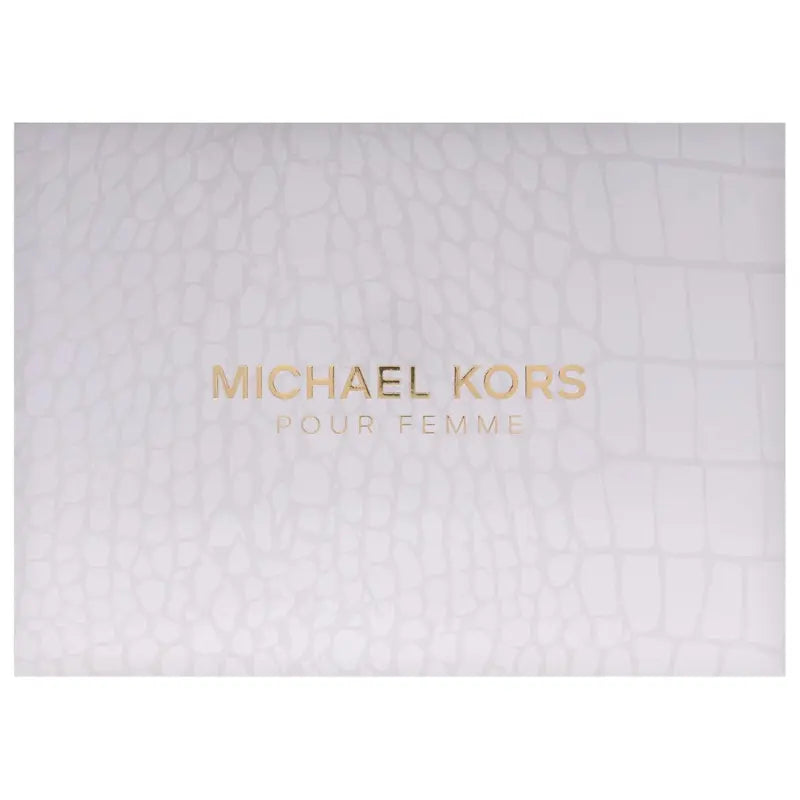 Michael Kors Pour Femme premium white crocodile embossed gift box with gold foil branding close-up