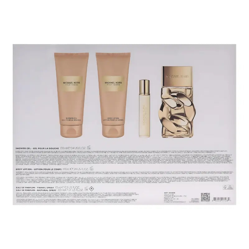 Michael Kors Pour Femme 4-piece gift set outer box back panel with product details and ingredient listings