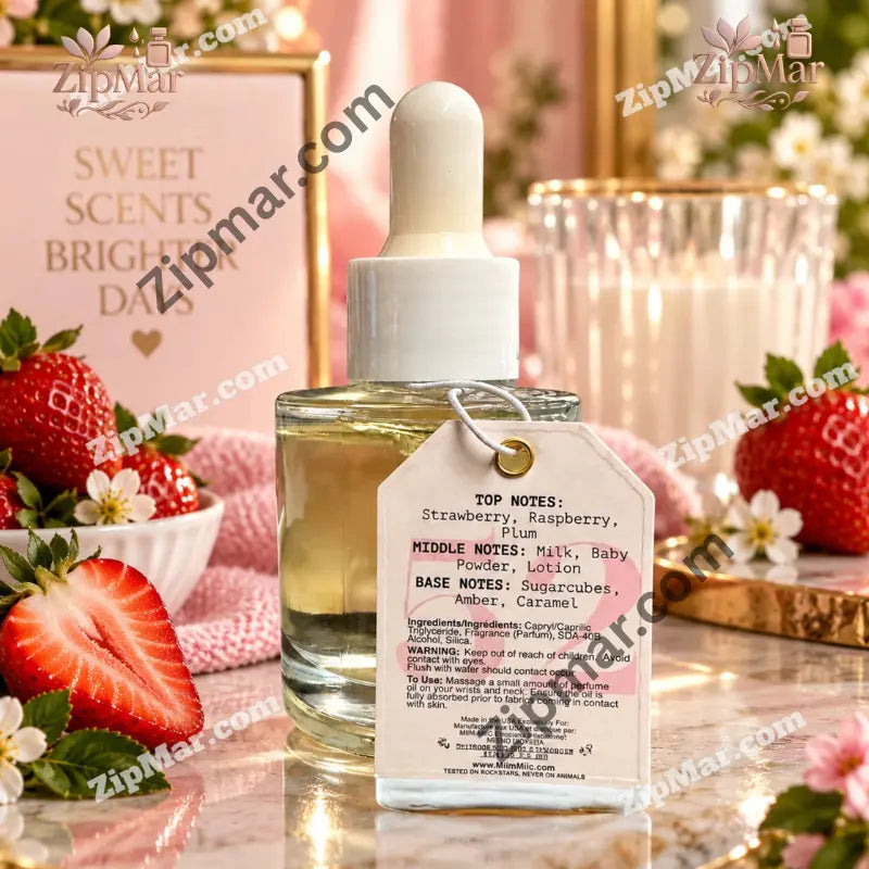 MIIM.MIIC Compound 52 perfume oil bottle with hang tag listing strawberry, milk and caramel notes