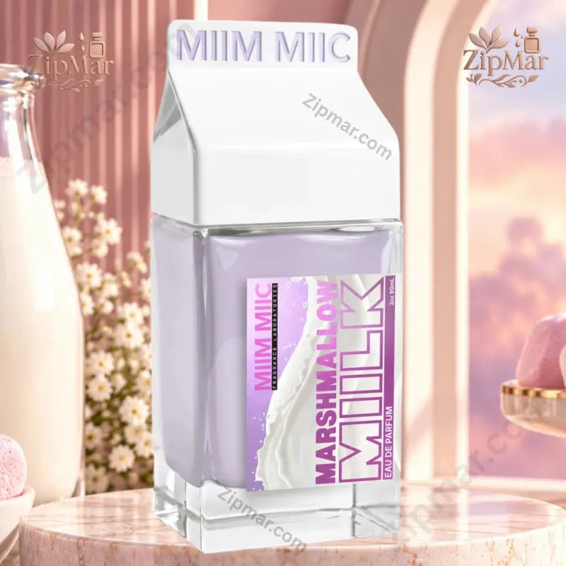 MIIM MIIC Marshmallow Miilk Eau de Parfum 90 mL milk carton bottle with purple label front view with marshmallows and milk