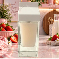 Thumbnail for MIIM MIIC Strawberry Milk Eau de Parfum creamy white liquid inside clear glass milk carton bottle