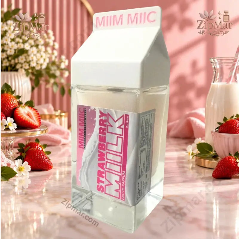 MIIM MIIC Strawberry Milk Eau de Parfum 3 oz pink label milk carton bottle with fresh strawberries