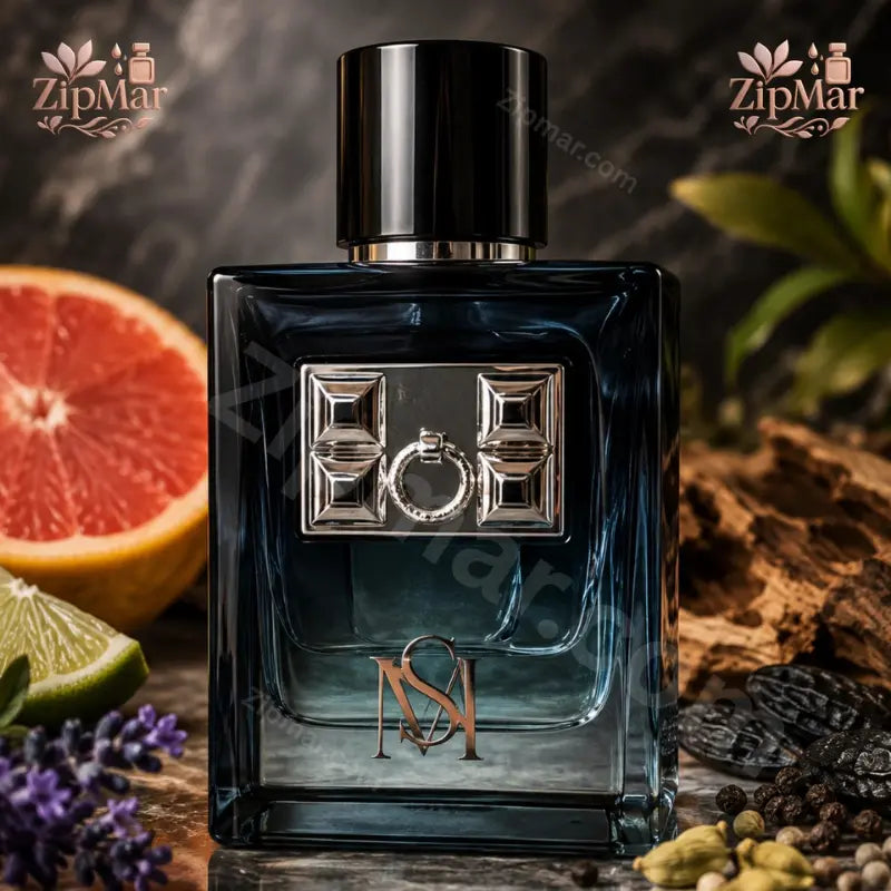 Front view of Mila's Secret MS Eau de Parfum 3.3 fl oz 100 ml dark blue glass bottle with studded silver plaque