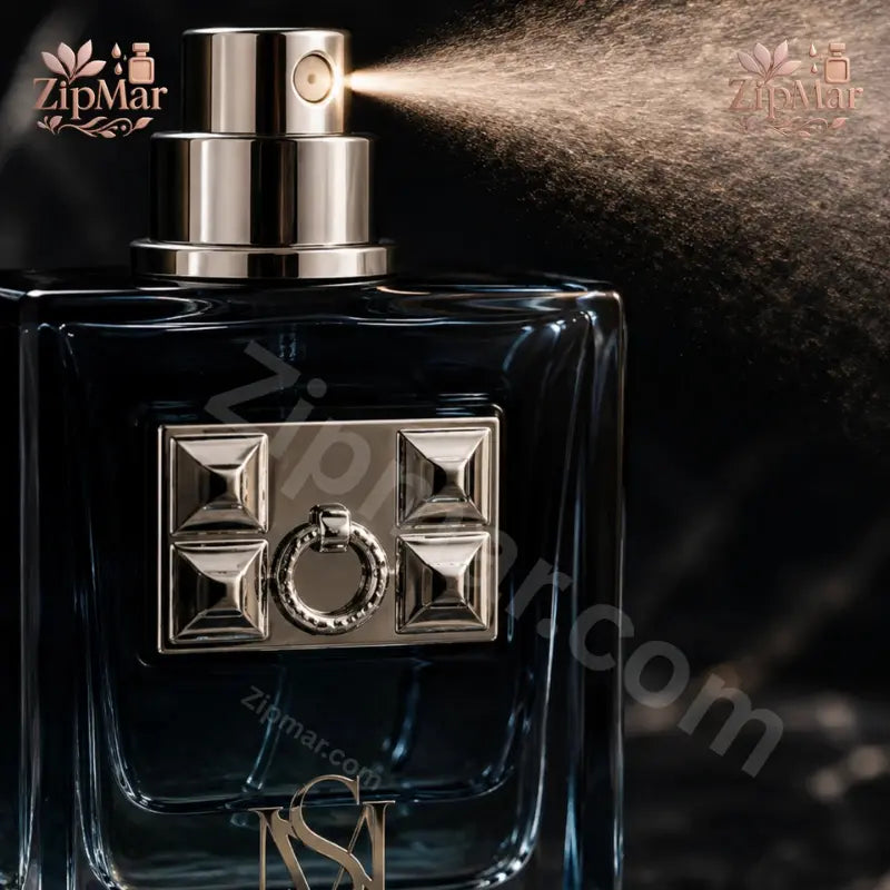 Close up of spray nozzle atomizer dispensing fragrance mist from Mila's Secret MS EDP bottle