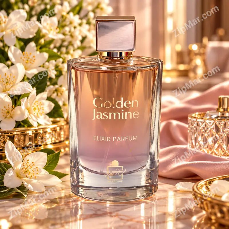 Milestone Golden Jasmine Elixir Parfum clear glass bottle with a gold collar and square cap