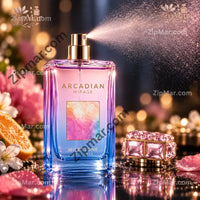 Thumbnail for Milestone Perfumes Arcadian Mirage perfume in a clear glass bottle with a pink to blue gradient, watercolor label and gold atomizer, spraying a fine mist beside a pink jeweled cap
