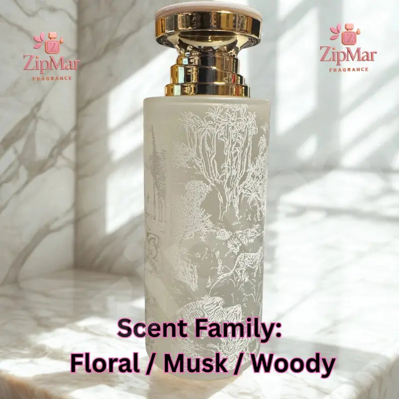 Back of Milestone Perfumes Eden Aura Eau de Parfum bottle with silver tree and animal artwork and gold cap