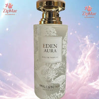Thumbnail for Close up of Milestone Perfumes Eden Aura Eau de Parfum bottle label and gold cap