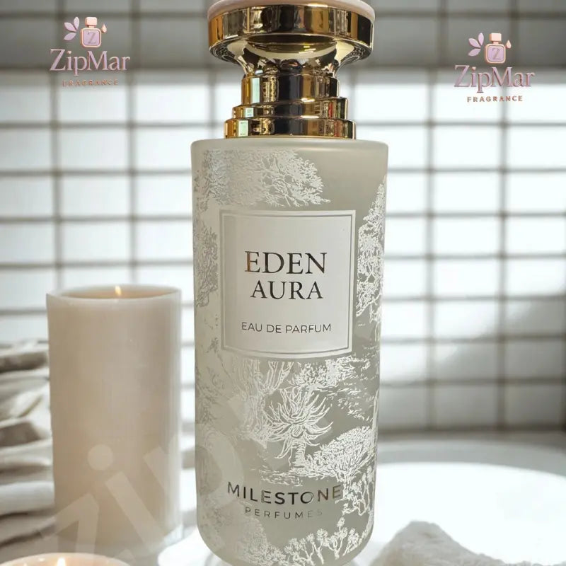 Milestone Perfumes Eden Aura Eau de Parfum frosted white glass bottle with silver artwork, cream label and gold cap