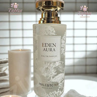 Thumbnail for Milestone Perfumes Eden Aura Eau de Parfum frosted white glass bottle with silver artwork, cream label and gold cap