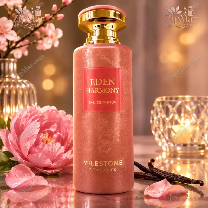Milestone Perfumes Eden Harmony Eau de Parfum pink bottle with gold collar beside a peony and vanilla beans