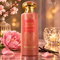 Thumbnail for Milestone Perfumes Eden Harmony Eau de Parfum pink bottle with gold collar beside a peony and vanilla beans